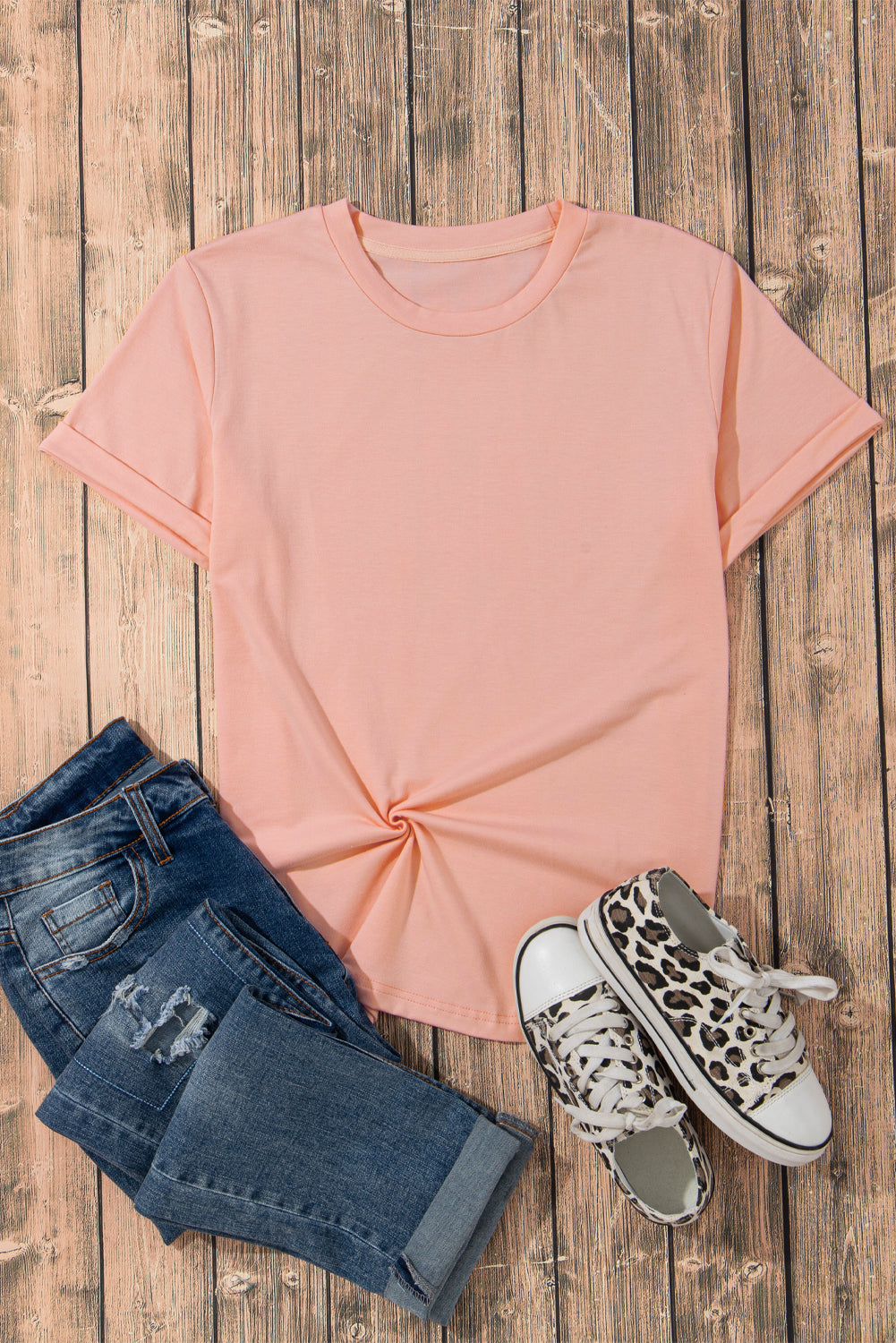Camiseta rosa casual de color redondo