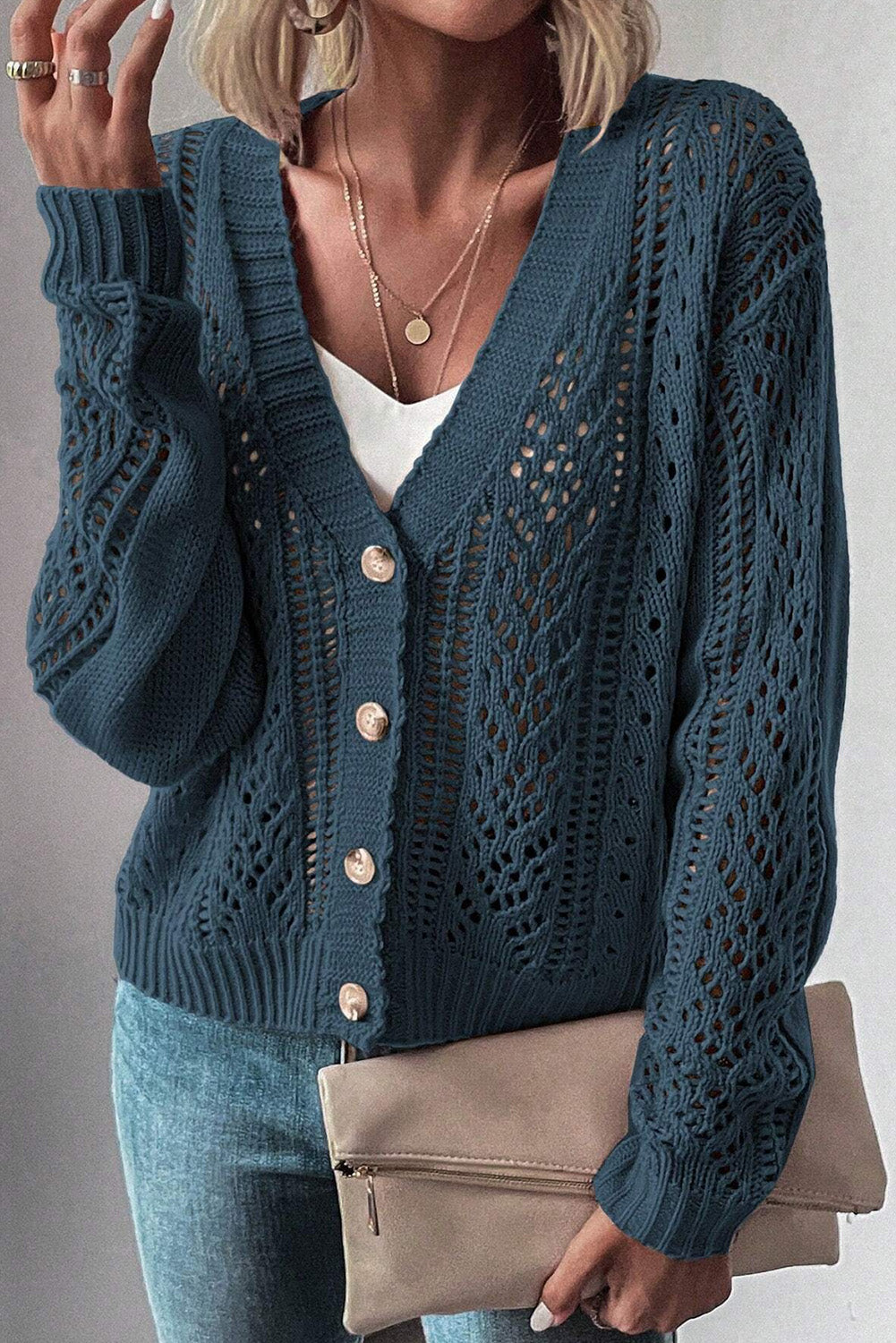 Cardigan pull à épaules tombantes en tricot ouvert bleu sarcelle véritable