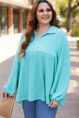 Turquoise cord babydoll top with balloon sleeve collar