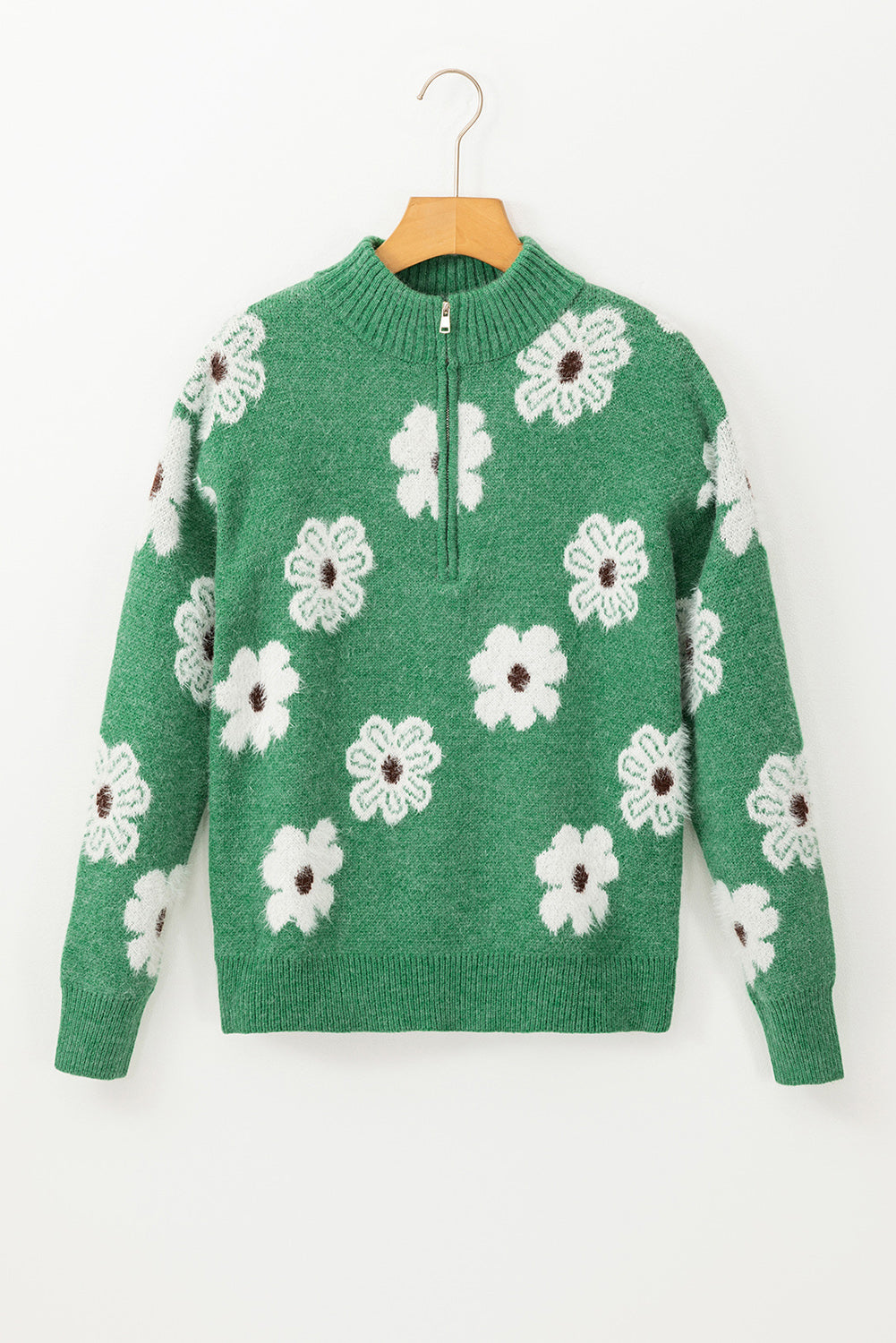 Green floral pattern half zip drop shoulder sweater