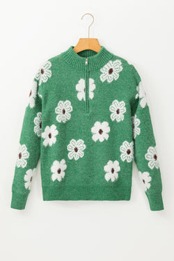 Green sweater with floral motif and half-zip *