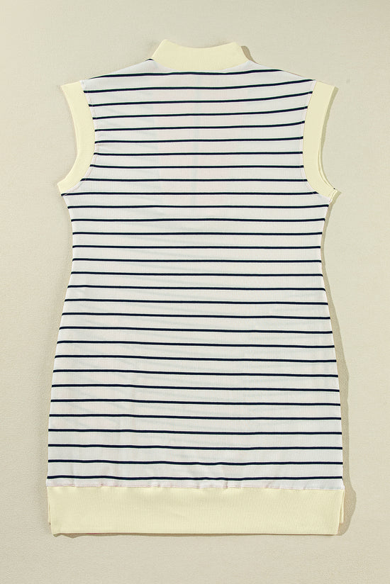 Blue striped mini dress with zip neck and short sleeves