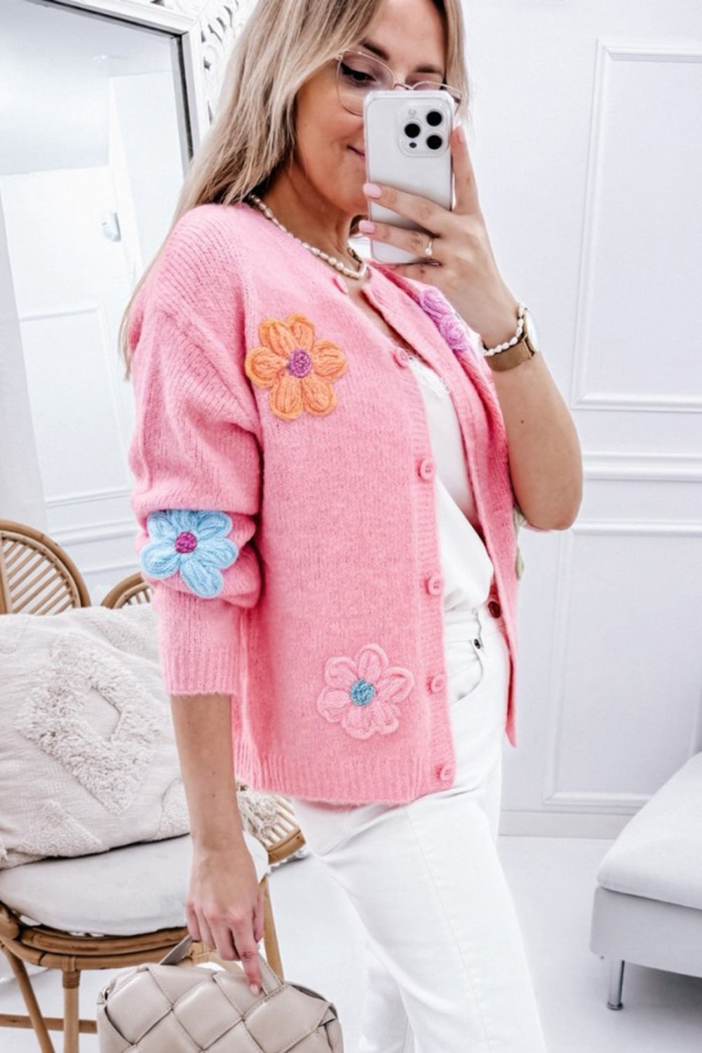 Cardigan boutonné rose à motif floral *-A WOMAN WE LOVE