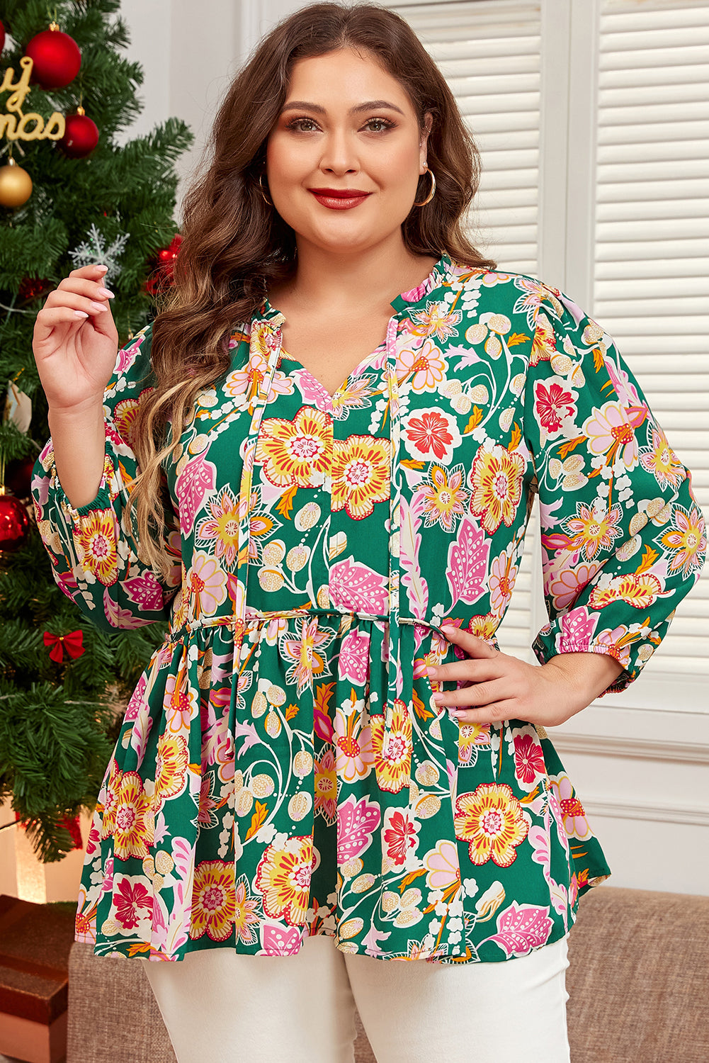 Green Long Sleeve Floral V-Neck Babydoll Top Plus Size