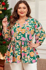 Green Long Sleeve Floral V-Neck Babydoll Top Plus Size