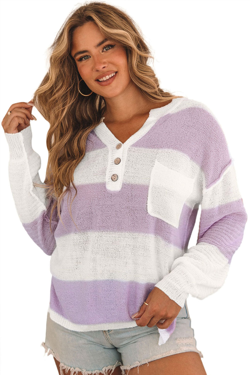 Pink Striped Strick Knopf Rippen geteiltes Nackenpullover