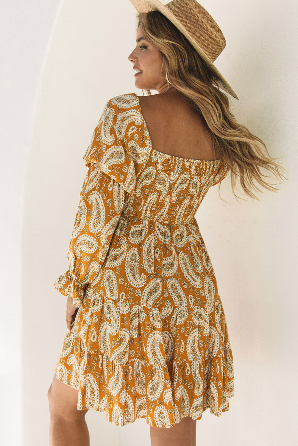 Vestido floral de manga larga amarilla boho paisley