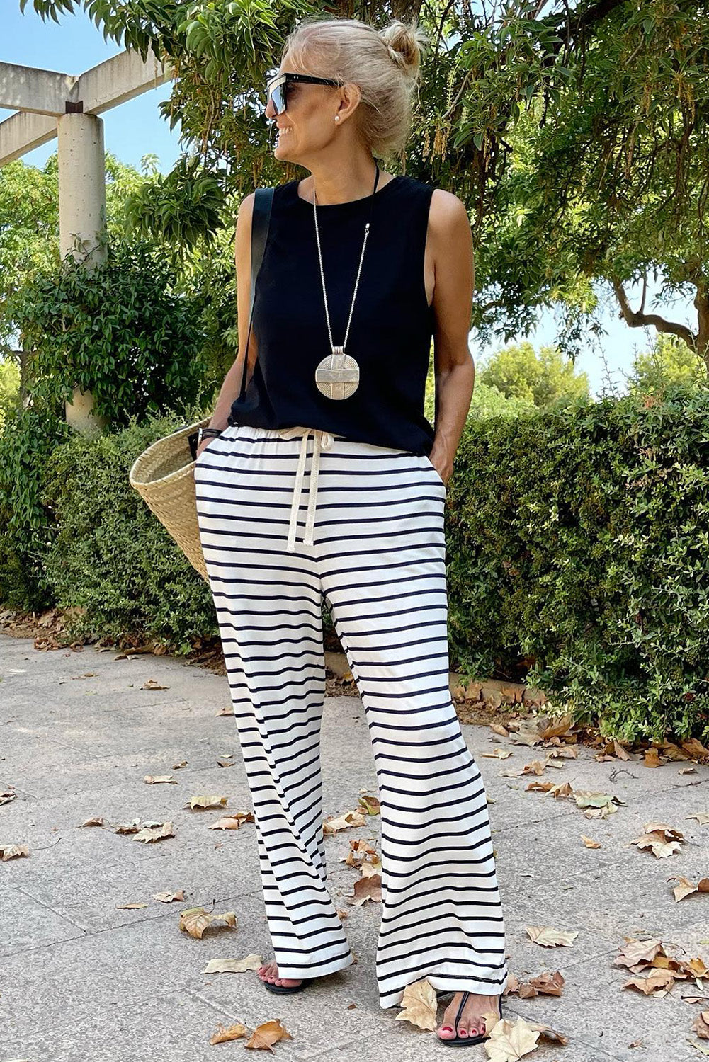 White striped wide leg pants with drawstring