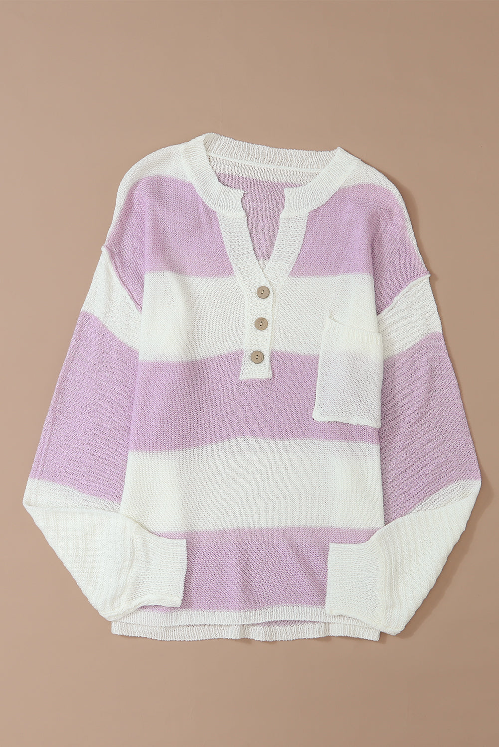 Pink Striped Strick Knopf Rippen geteiltes Nackenpullover