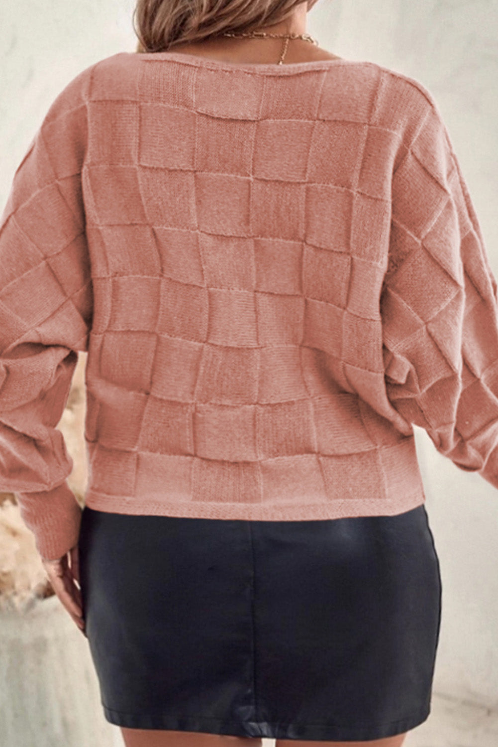 Rose Tan - Plus Size Solid Check Textured Knit Sweater