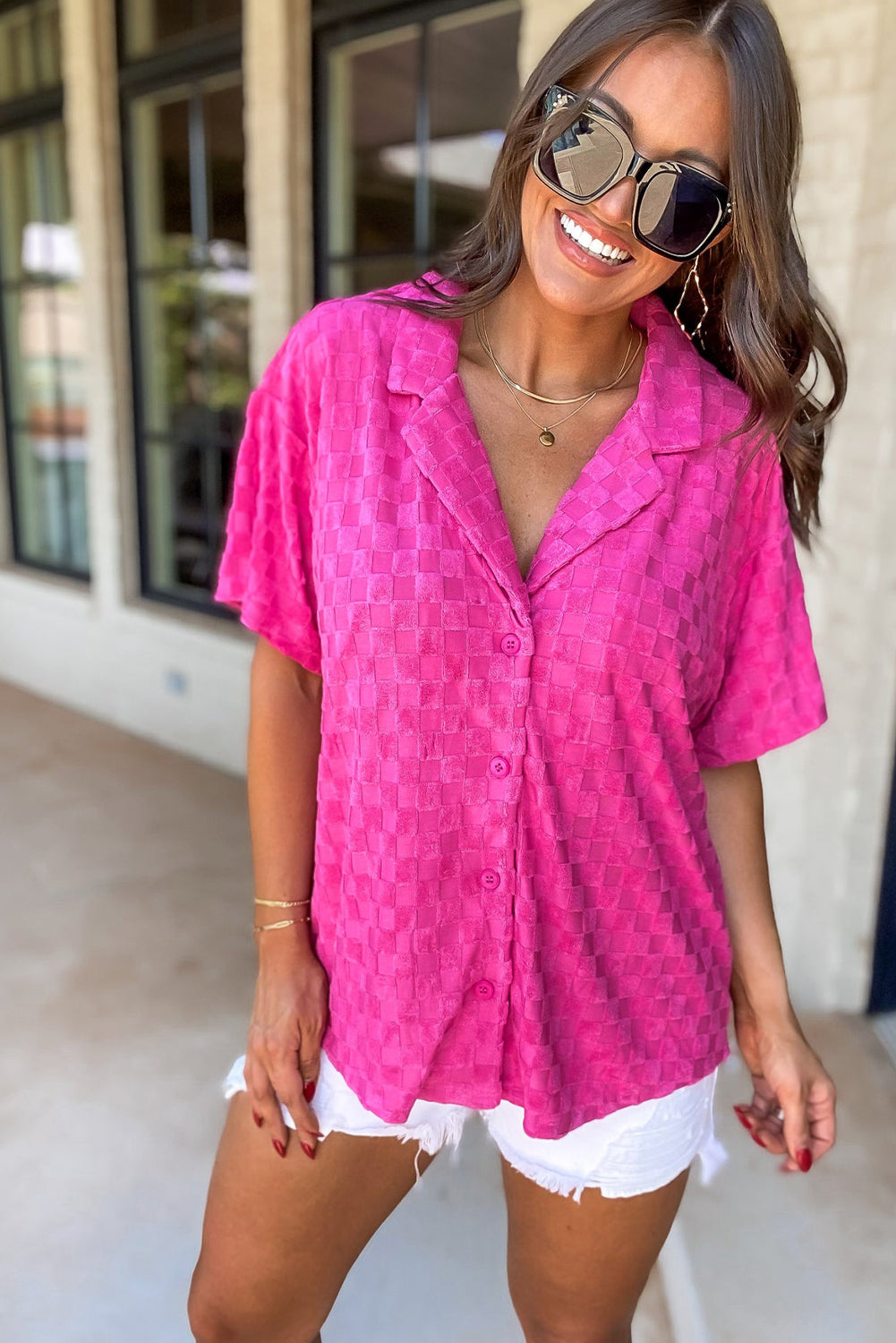 Bright Pink Lapel Neck Checkered Textured Short Sleeve Shirt