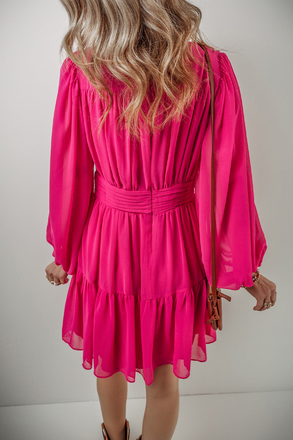 Rose Red Puff Long Sleeve V Neck Pleated Mini Dress