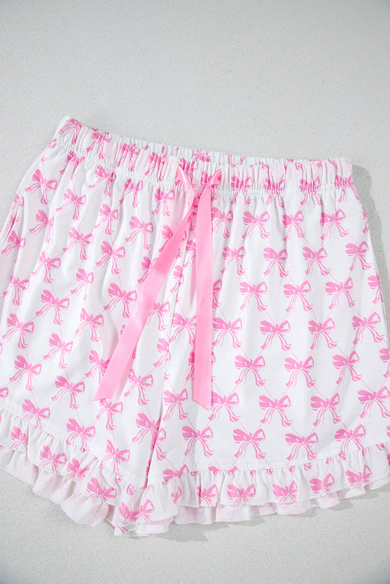 Pink pajama set printed bow tie with short sleeves and ruffle shorts for Valentine's Day