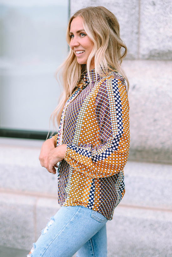 Long sleeve buttoned shirt and brown polka dot printed