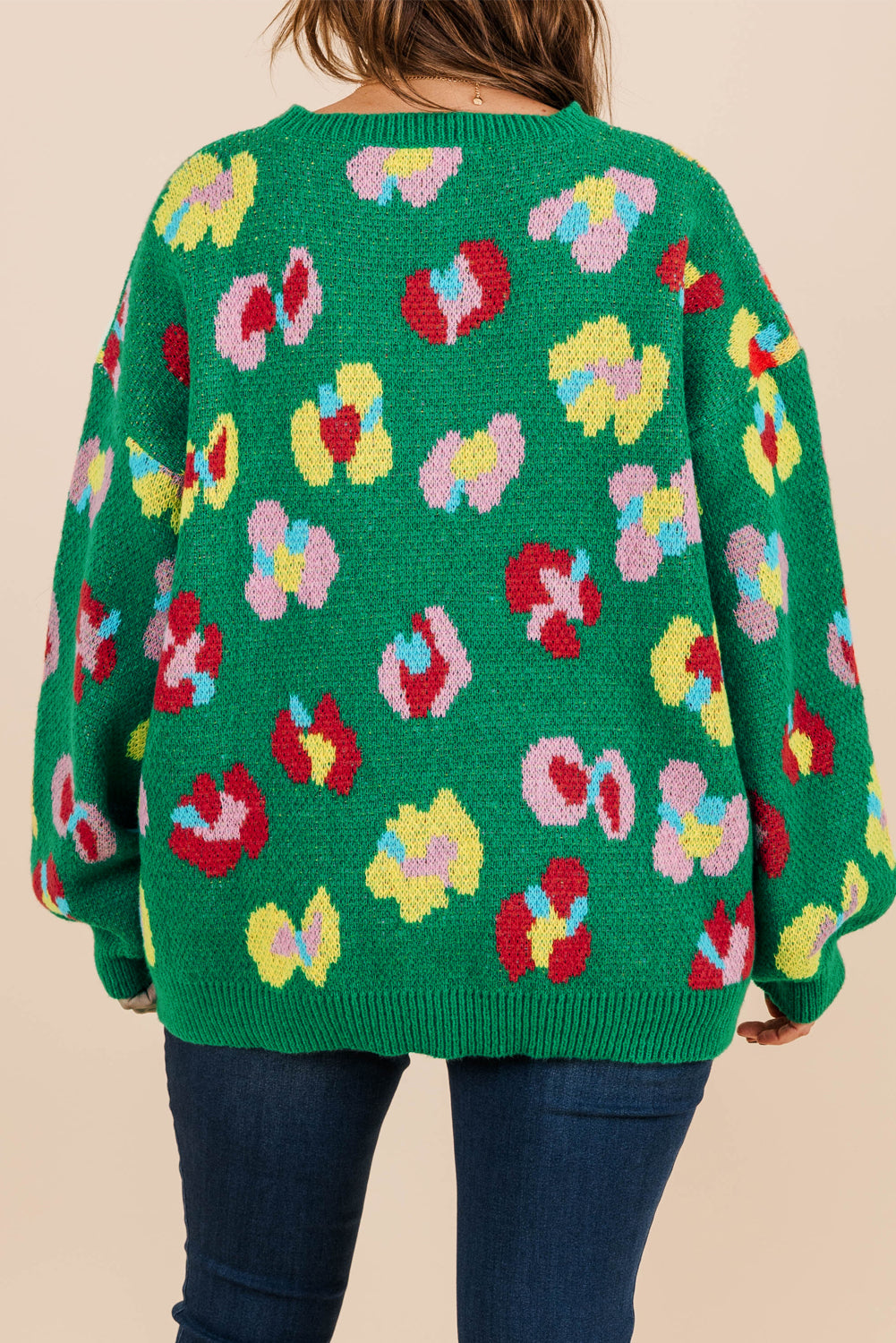 Plus Size Green Floral Knit Ribbed Drop Shoulder Sweater