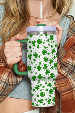 Tasse Thermos à Imprimé Trèfle Vert Foncé avec Poignée 40oz