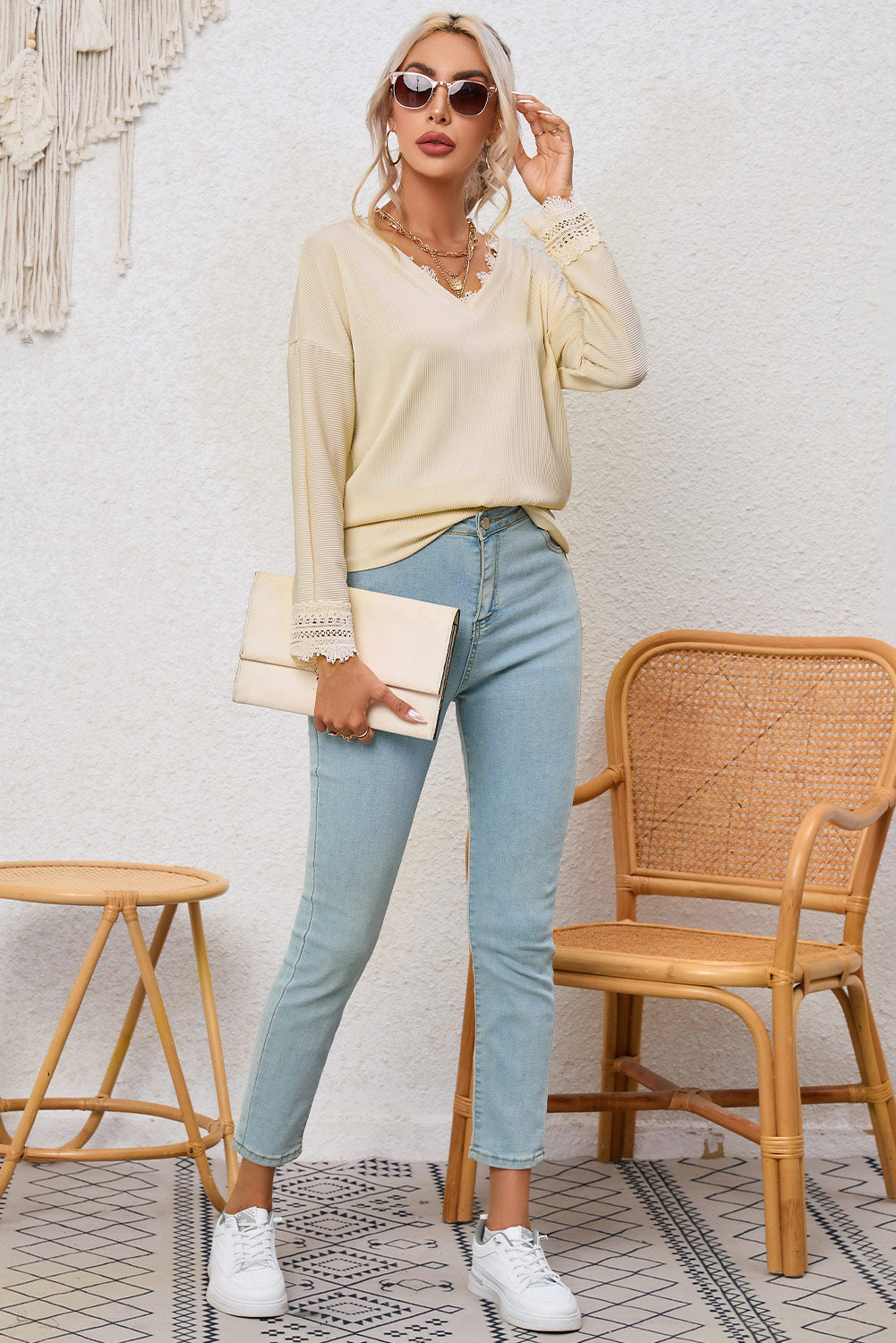 Apricot Ribbed Textured Long Sleeve V-Neck Top