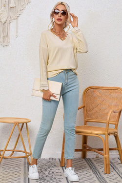 Apricot Ribbed Textured Long Sleeve V-Neck Top