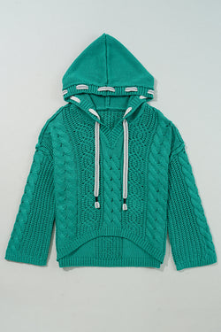 Hooded sweater with contrasting tightening cord in twisted green water knitting