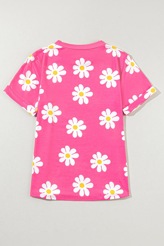 Camiseta de color redondo impreso rosa marguerite rosa