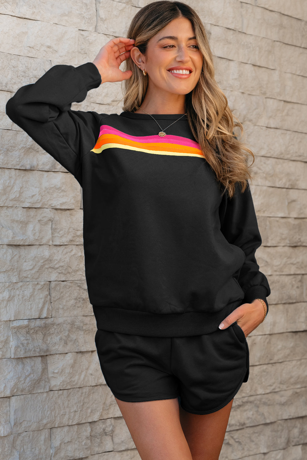 Casual two piece set black striped sweater and shorts