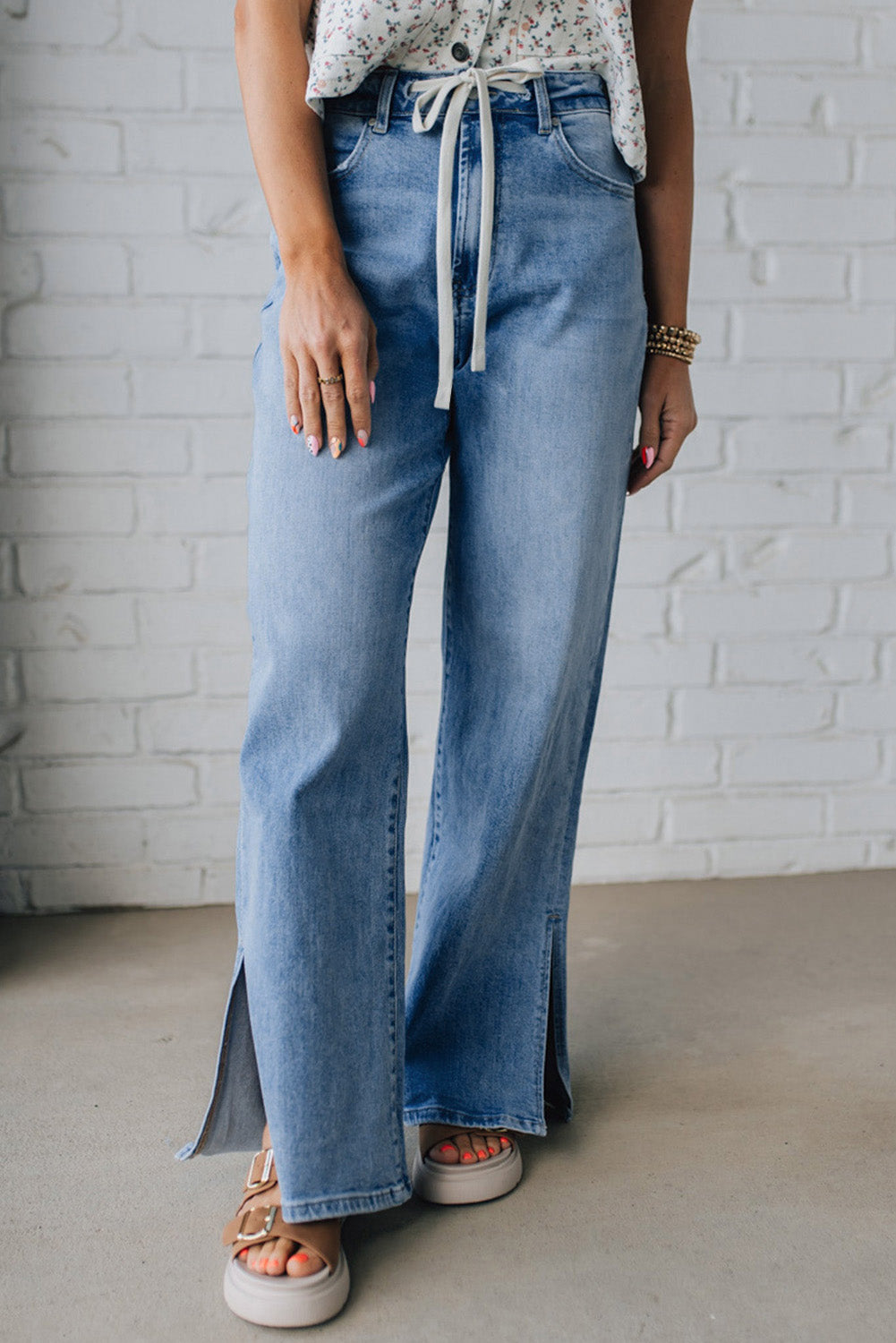 Jean à taille haute avec cordon de serrage bleu