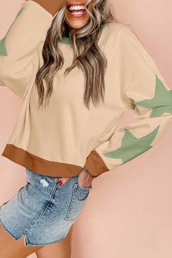 Parchment Star Oversized Sweatshirt with Exposed Seams and Patchwork