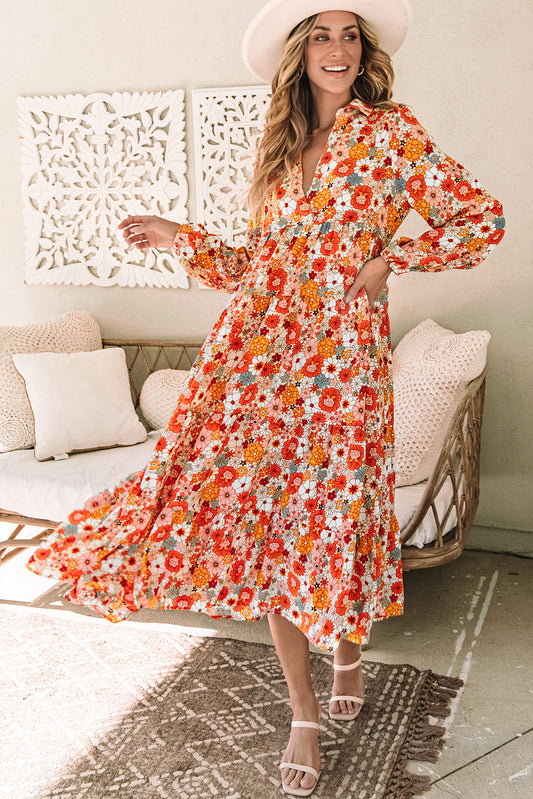 Multicolored bohemian dress with floral collar and long ruffled sleeves