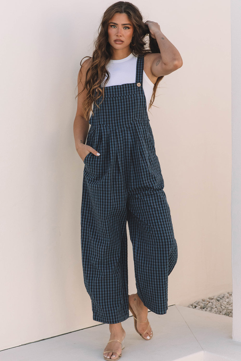 Blue Sail Plaid Print Buttoned High Waisted Overalls