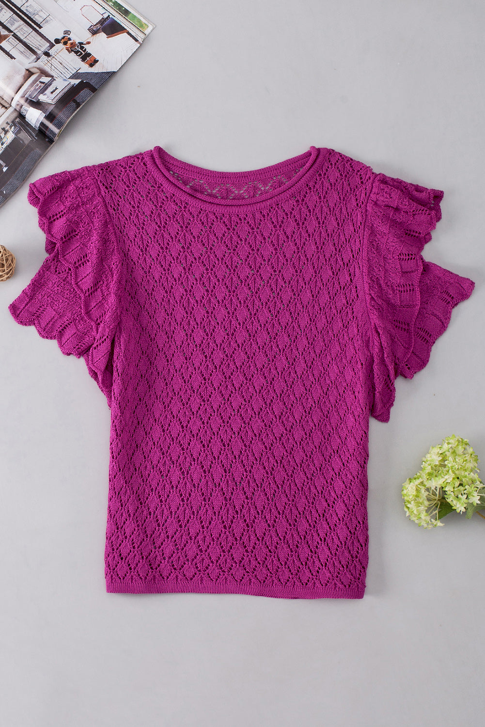 Violett gekräuselte Kurzarm Strukturierte Strickpullover