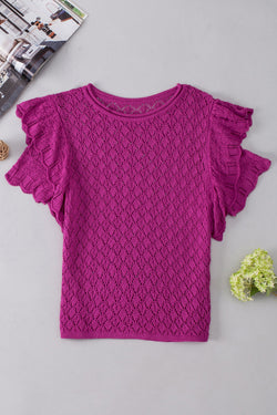 Textured knitting sweater with short sleeves and purple flying