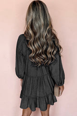 Black mini-robe in ruffled chambray and puffy sleeves, V-collar