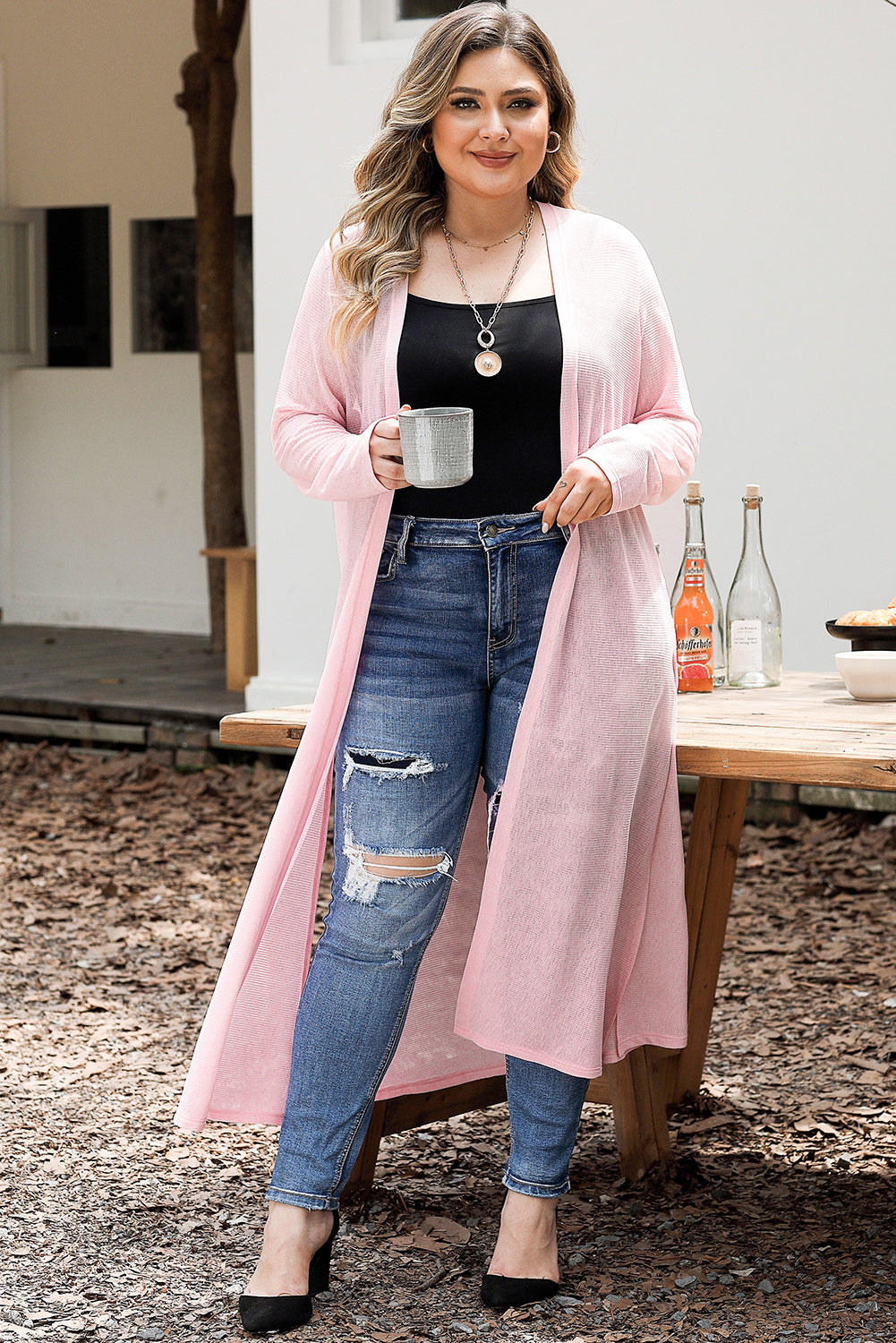 Plus Size Long Sheer Mesh Pink Cardigan with Side Slit