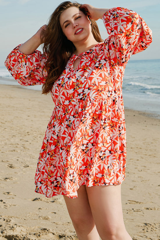 Mid-length orange dress with floral print, large size *