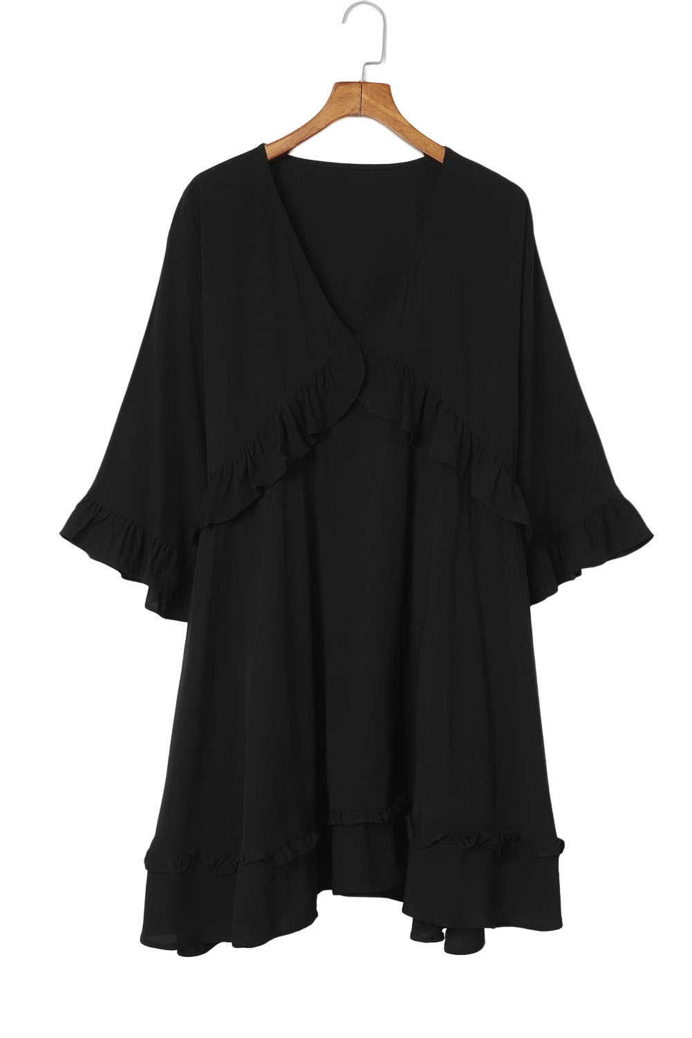 Black Ruffled 3/4 manica a V Nino Babydoll Mini abito