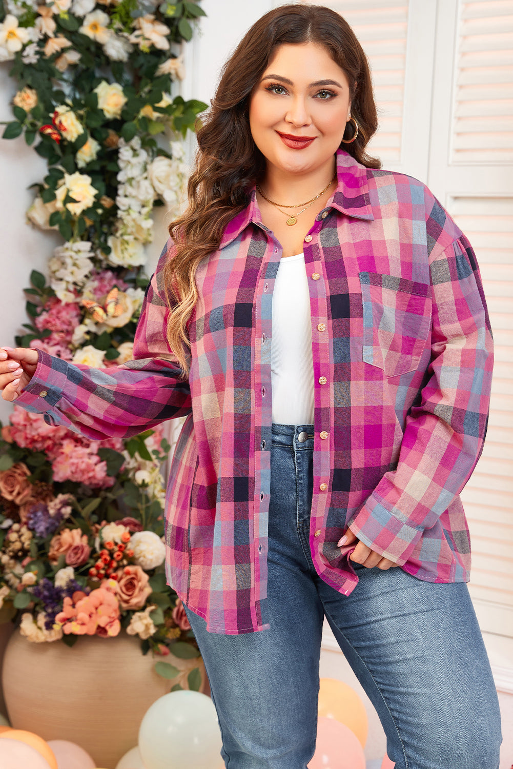 Chemise Boutonnée à Carreaux Imprimée à Rayures Roses de Grande Taille