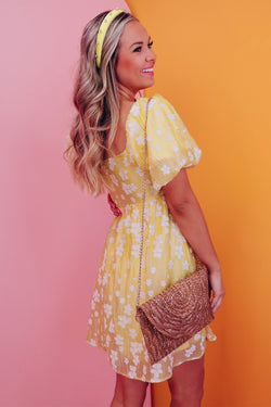 Yellow bohemian floral jacquard square neck puff sleeve mini dress