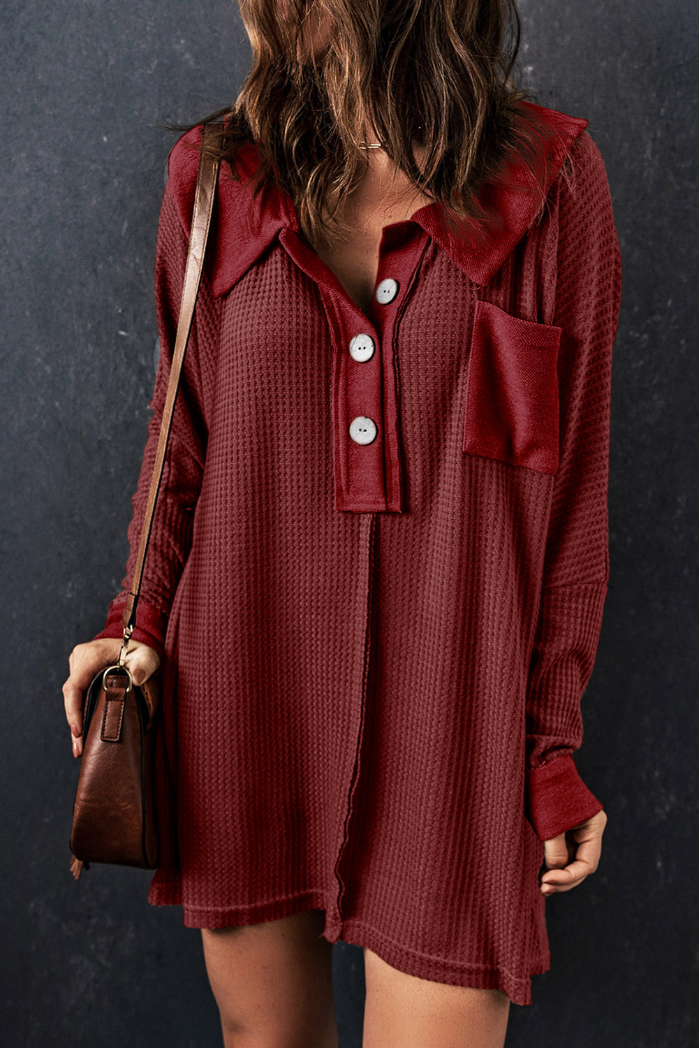 Red Waffel strickte Buttoned Long Sleeve Top