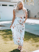 Long white dress without sleeve with floral print and stripes with pocket