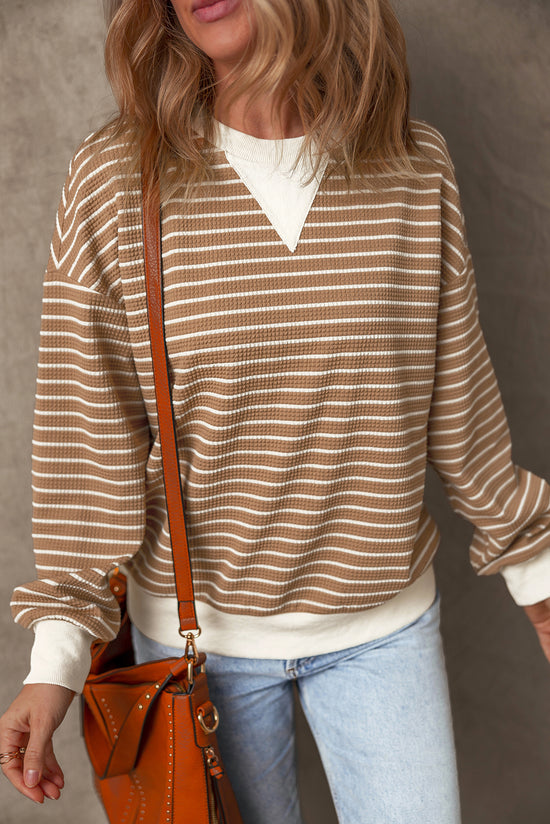 Khaki Textured Striped Crew Neck Long Sleeve Top with Patched Edges