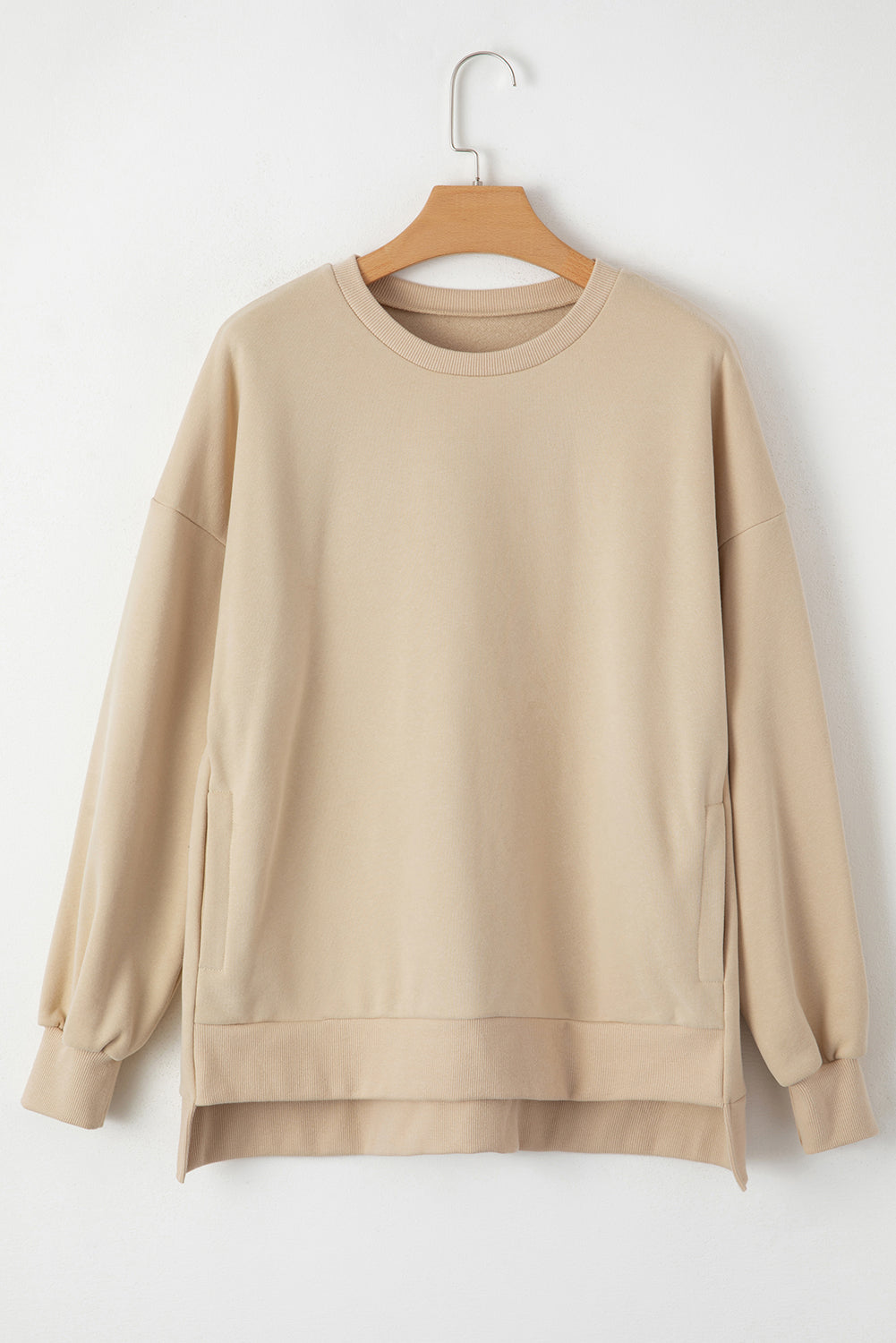 Sweat-shirt haut-bas à épaules tombantes et doublure en polaire unie abricot