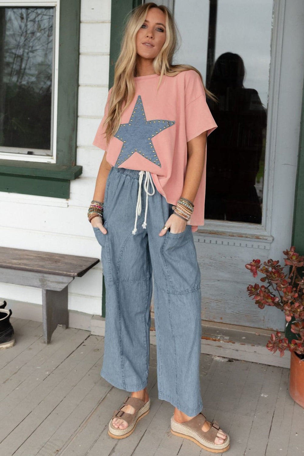 Apricot Pink Mineral Wash Star Patch Graphic High Low Tee