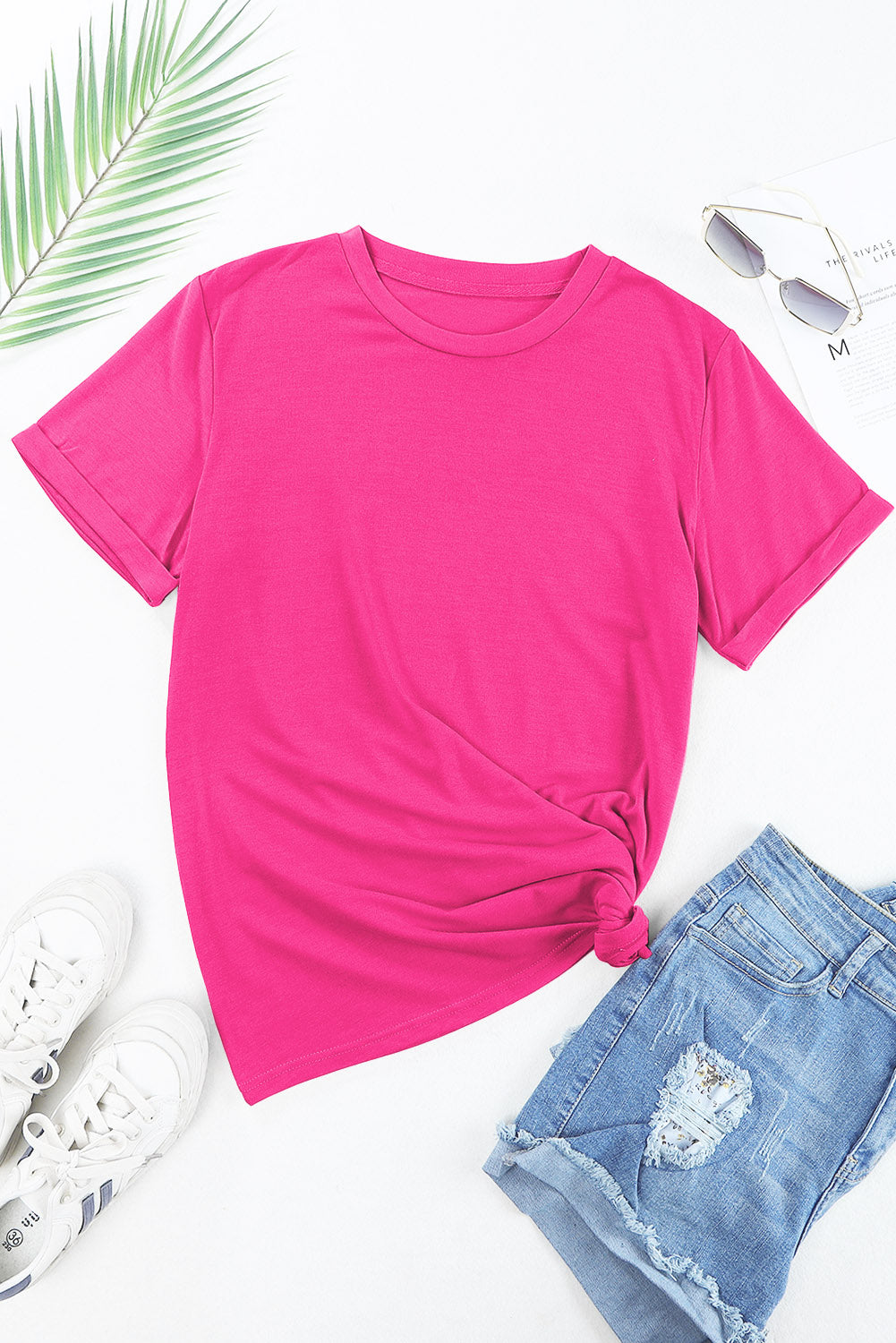 Rose Red Casual Plain Crew Neck T -Shirt