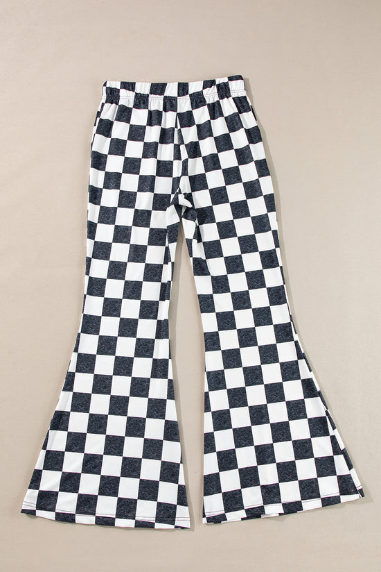 Pantalon évasé décontracté taille haute en damier noir *