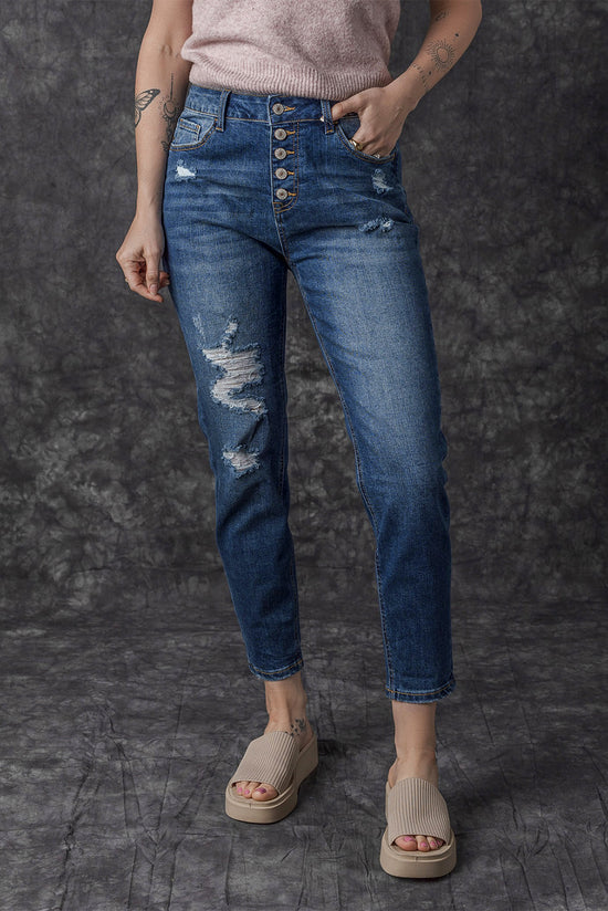 Skinny jeans high blue size aged effect with buttoned fly