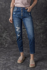 Jean skinny taille haute bleu effet vieilli avec braguette boutonnée