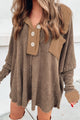 Brown Waffle Knit Button-Up Long Sleeve Top