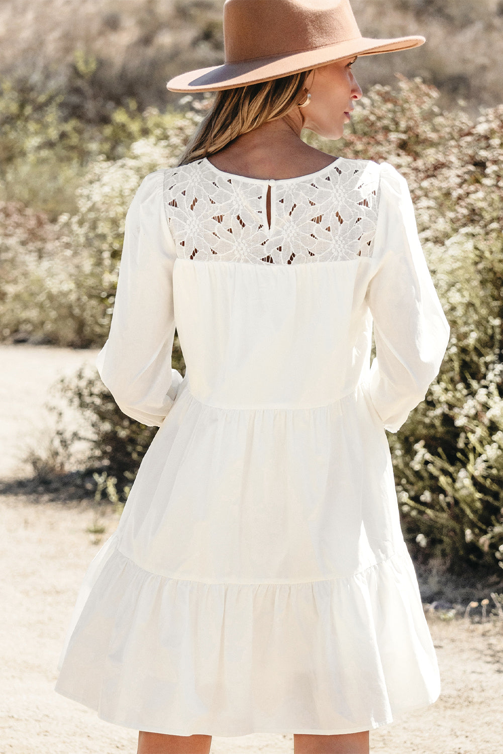 White floral lace ruffled bracelet sleeve mini dress