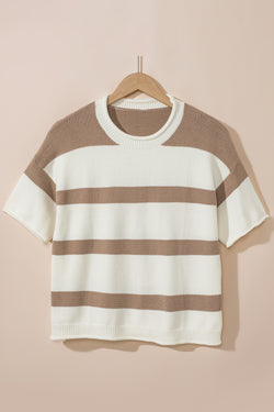 Light knitting with short sleeves and khaki stripes