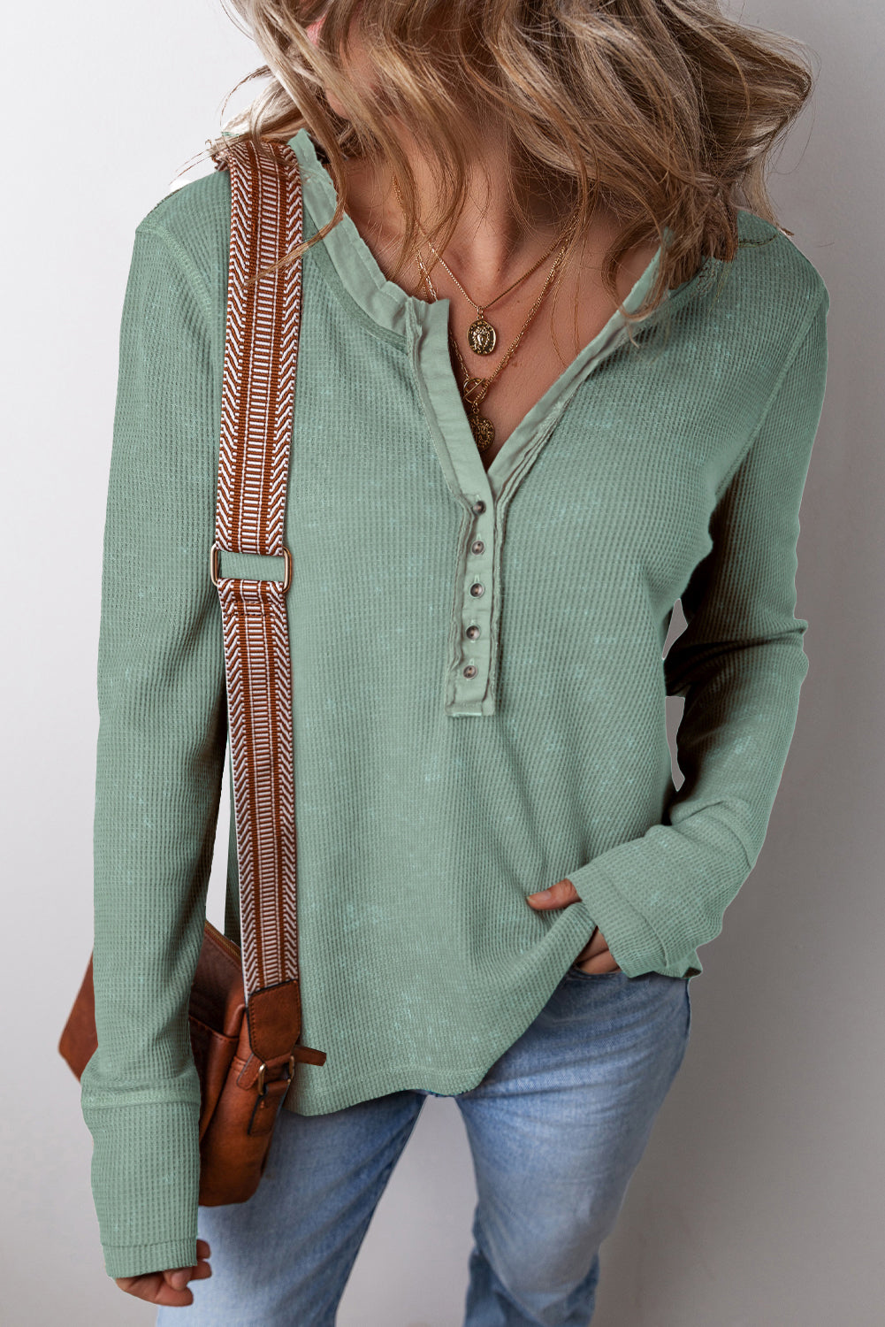 Smoke Green Acid Wash Waffle Knit Long Sleeve Top